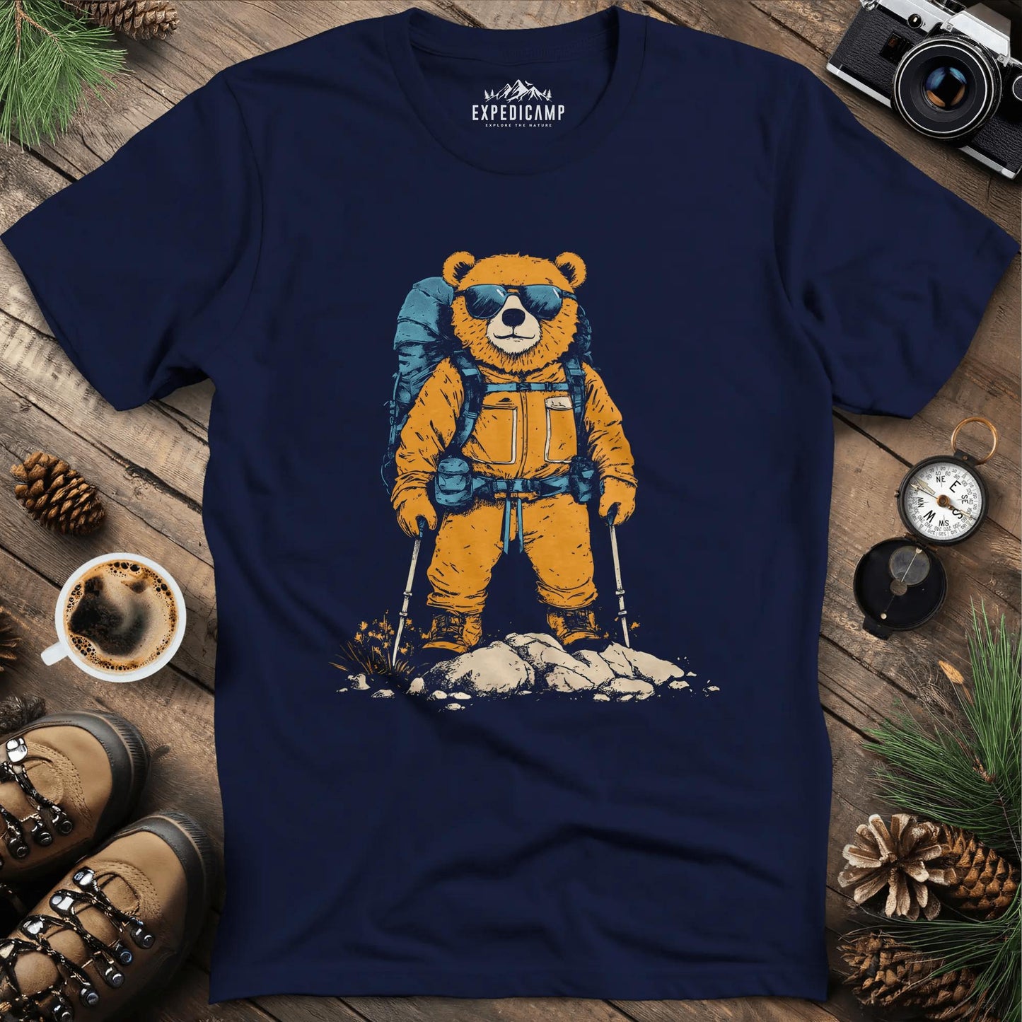 Backpacking Bear T-Shirt – Cool Hiking Bear Adventure Design – Navy – Outdoor apparel for travel, hiking, camping, and nature lovers – ExpediCamp
