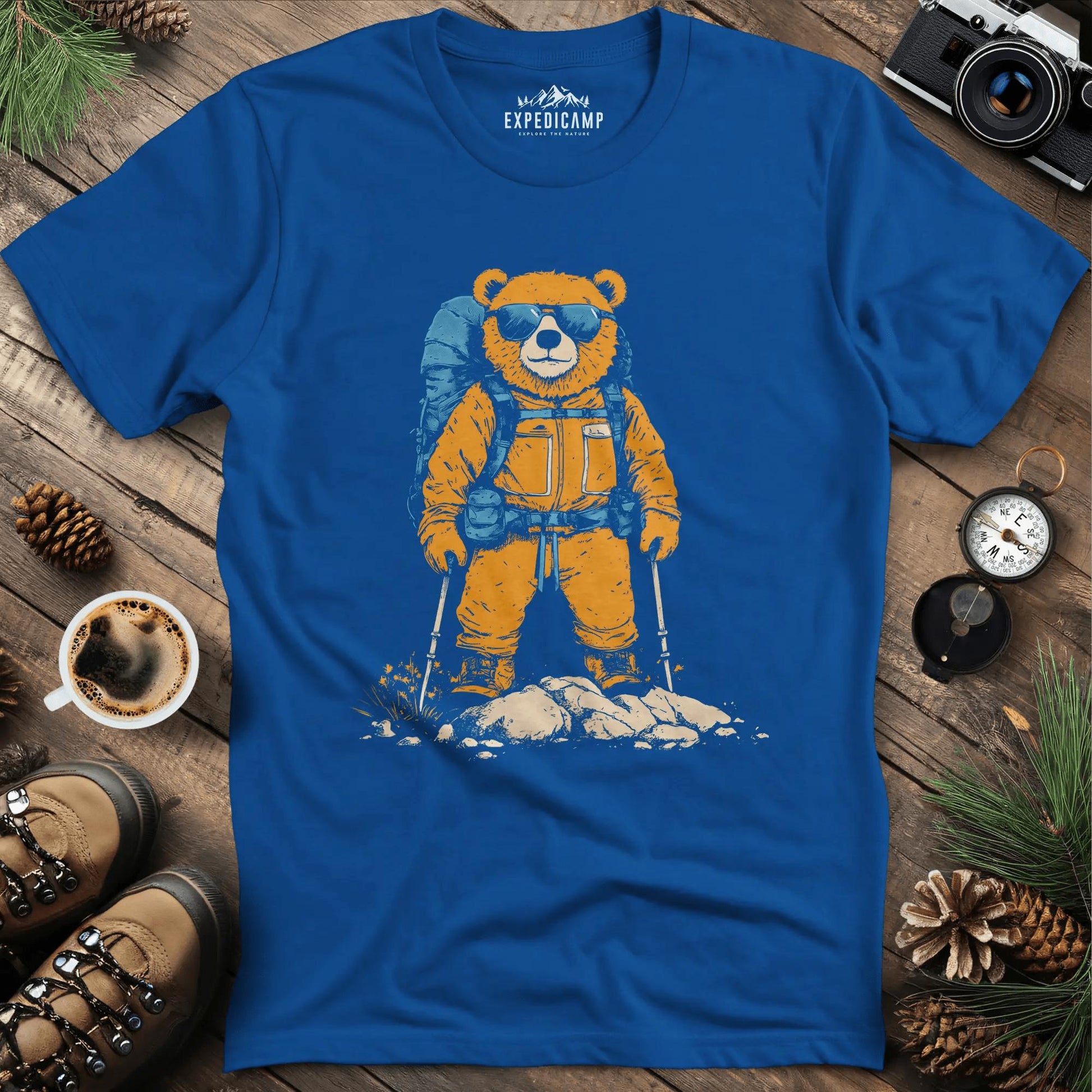 Backpacking Bear T-Shirt – Cool Hiking Bear Adventure Design – Royal – Outdoor apparel for travel, hiking, camping, and nature lovers – ExpediCamp