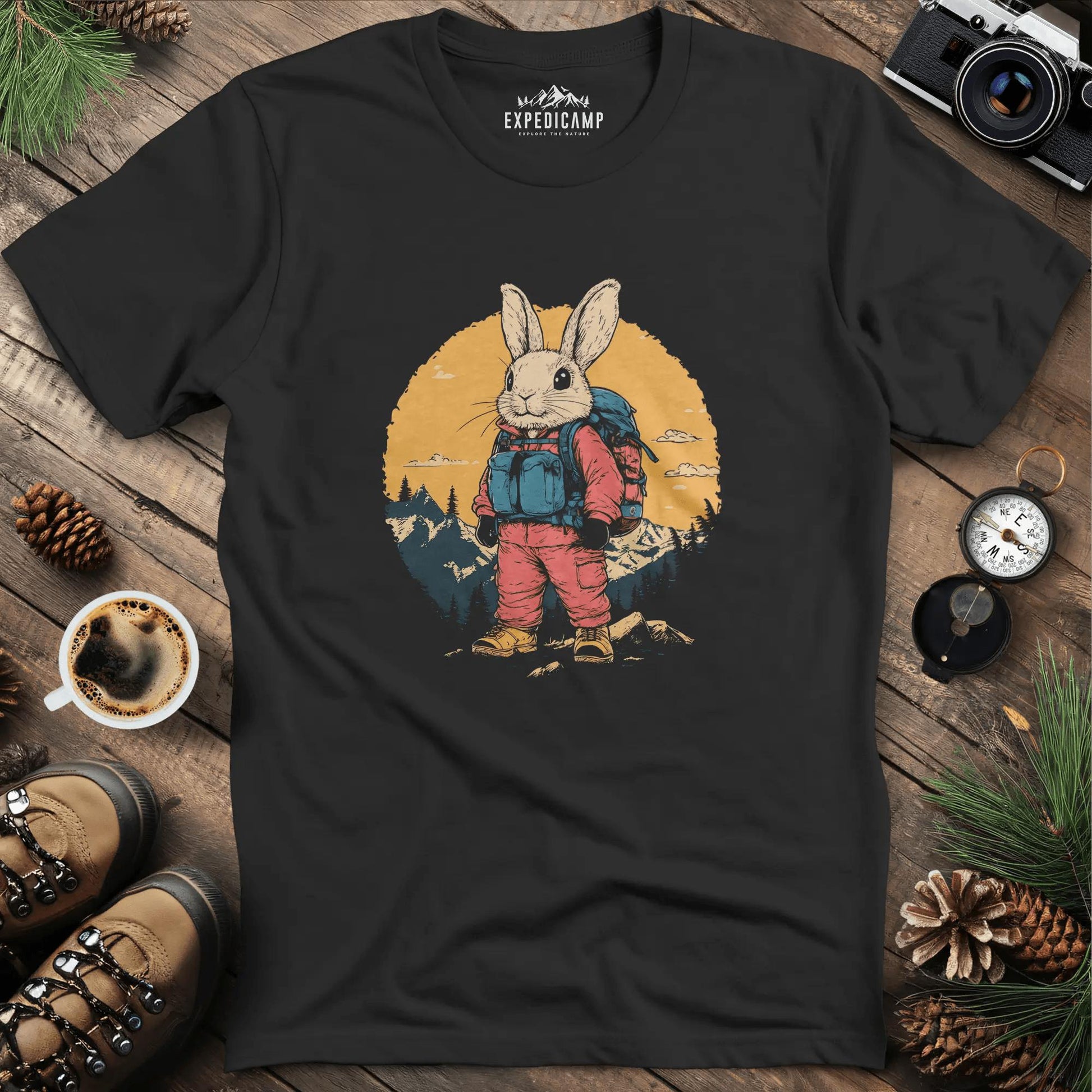 Backpacking Bunny T-Shirt – Cute Rabbit on an Outdoor Adventure – Black – Outdoor apparel for travel, hiking, camping, and nature lovers – ExpediCamp