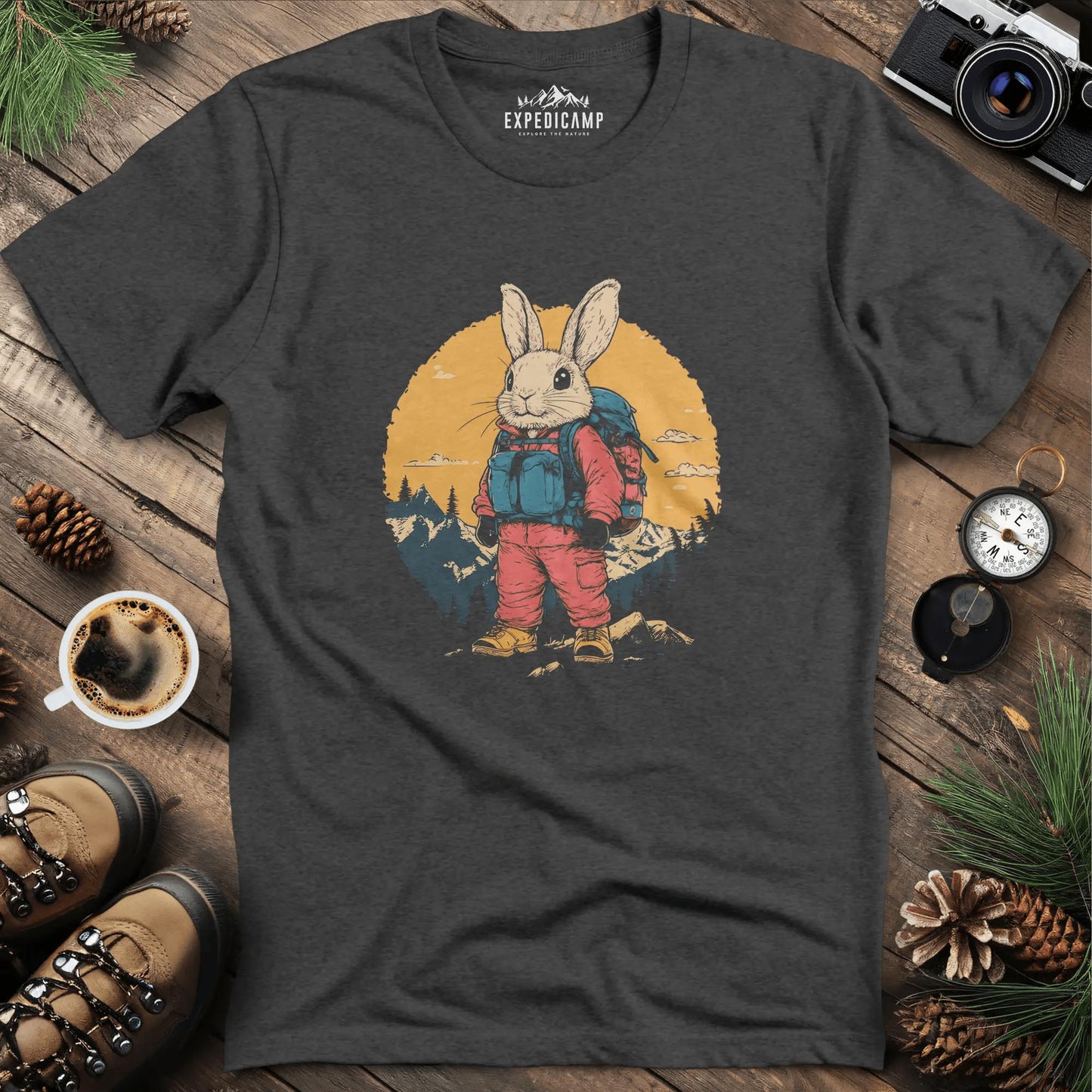 Backpacking Bunny T-Shirt – Cute Rabbit on an Outdoor Adventure – Dark Heather – Outdoor apparel for travel, hiking, camping, and nature lovers – ExpediCamp