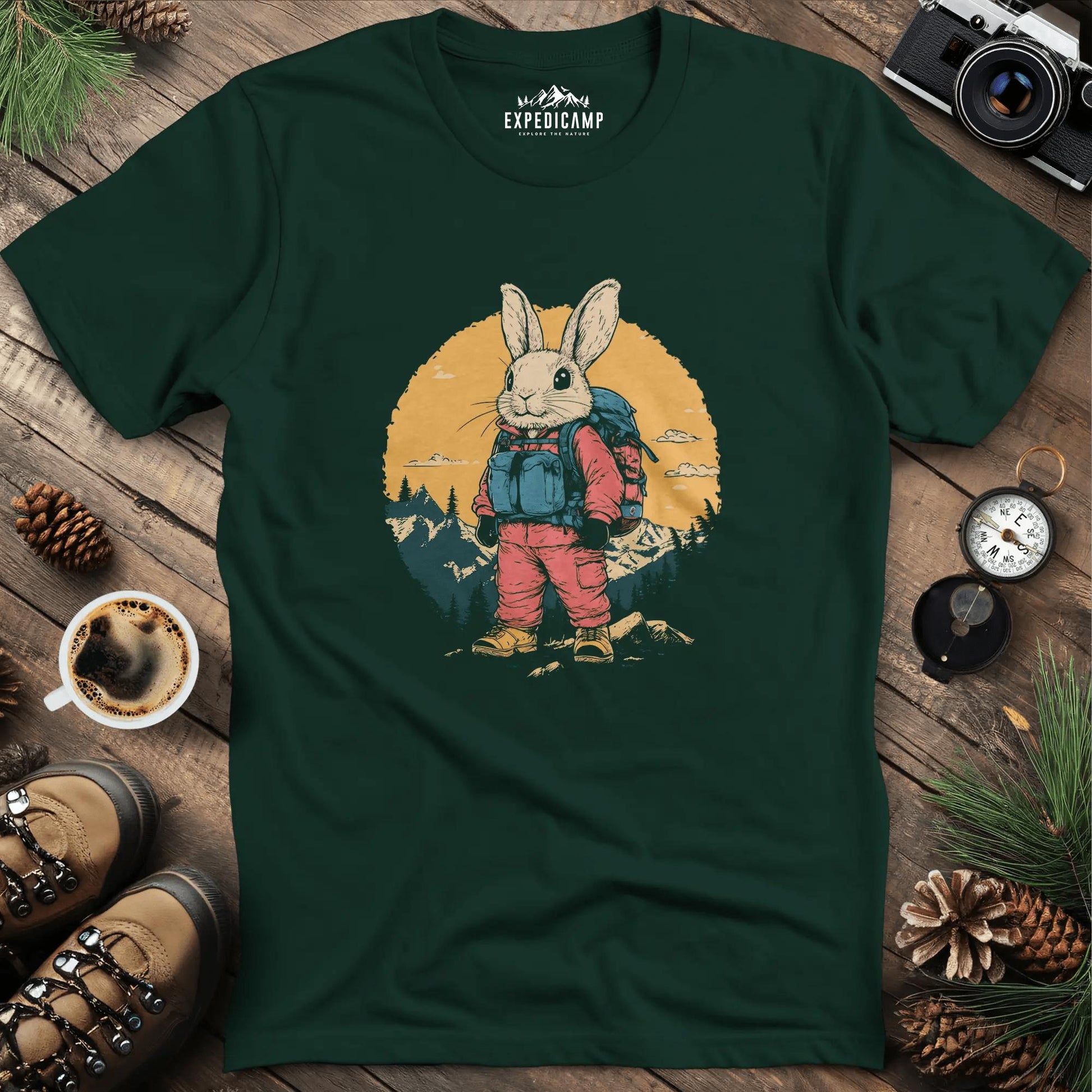 Backpacking Bunny T-Shirt – Cute Rabbit on an Outdoor Adventure – Forest Green – Outdoor apparel for travel, hiking, camping, and nature lovers – ExpediCamp
