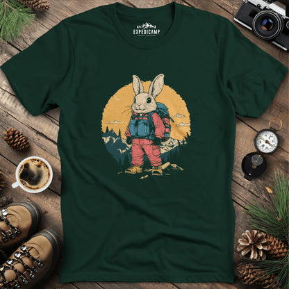 Backpacking Bunny T-Shirt – Cute Rabbit on an Outdoor Adventure – Forest Green – Outdoor apparel for travel, hiking, camping, and nature lovers – ExpediCamp