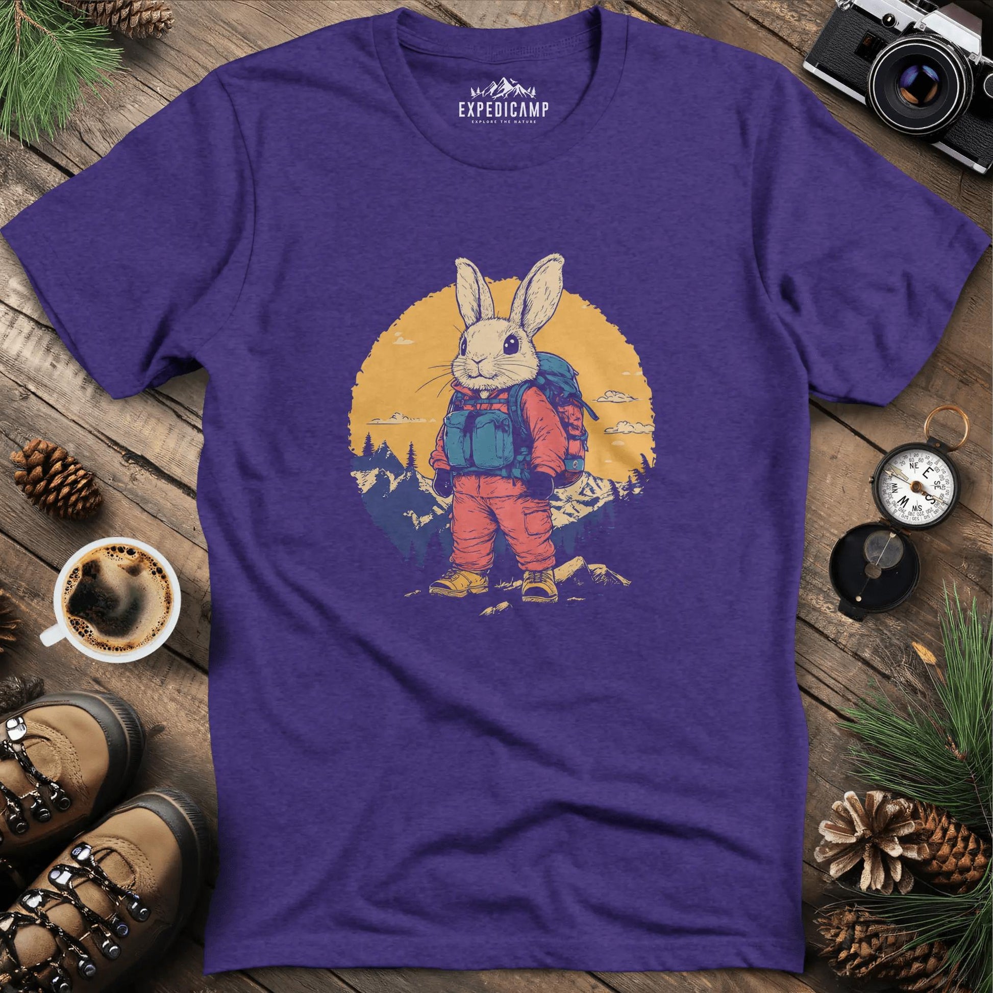 Backpacking Bunny T-Shirt – Cute Rabbit on an Outdoor Adventure – Heather Purple – Outdoor apparel for travel, hiking, camping, and nature lovers – ExpediCamp