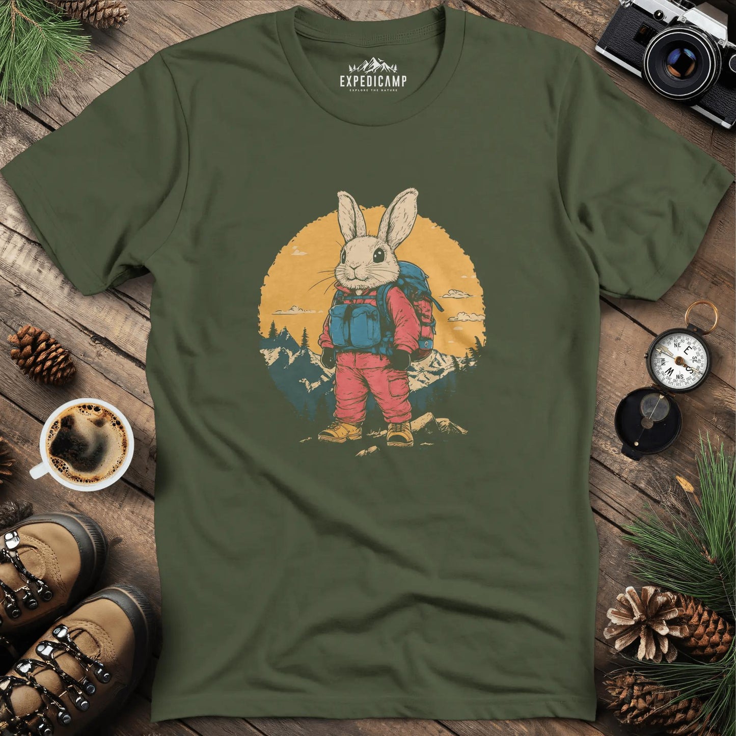 Backpacking Bunny T-Shirt – Cute Rabbit on an Outdoor Adventure – Military Green – Outdoor apparel for travel, hiking, camping, and nature lovers – ExpediCamp