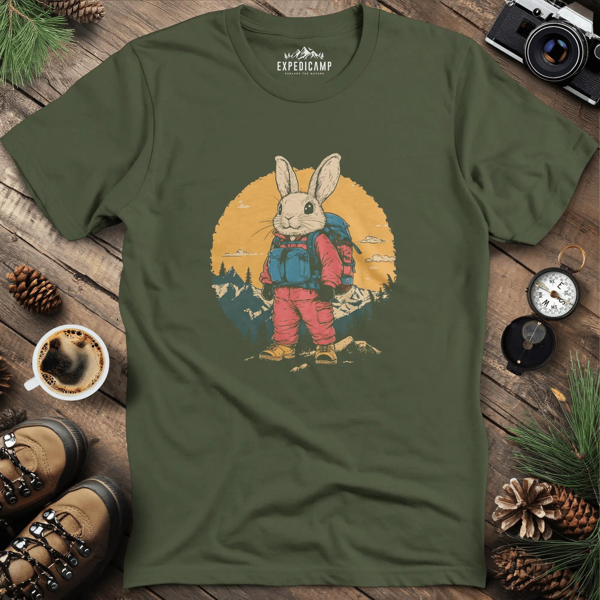 Backpacking Bunny T-Shirt – Cute Rabbit on an Outdoor Adventure – Military Green – Outdoor apparel for travel, hiking, camping, and nature lovers – ExpediCamp