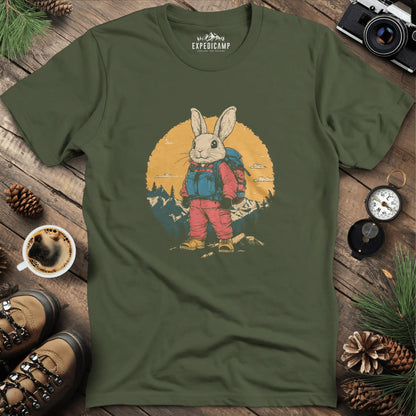 Backpacking Bunny T-Shirt – Cute Rabbit on an Outdoor Adventure – Military Green – Outdoor apparel for travel, hiking, camping, and nature lovers – ExpediCamp