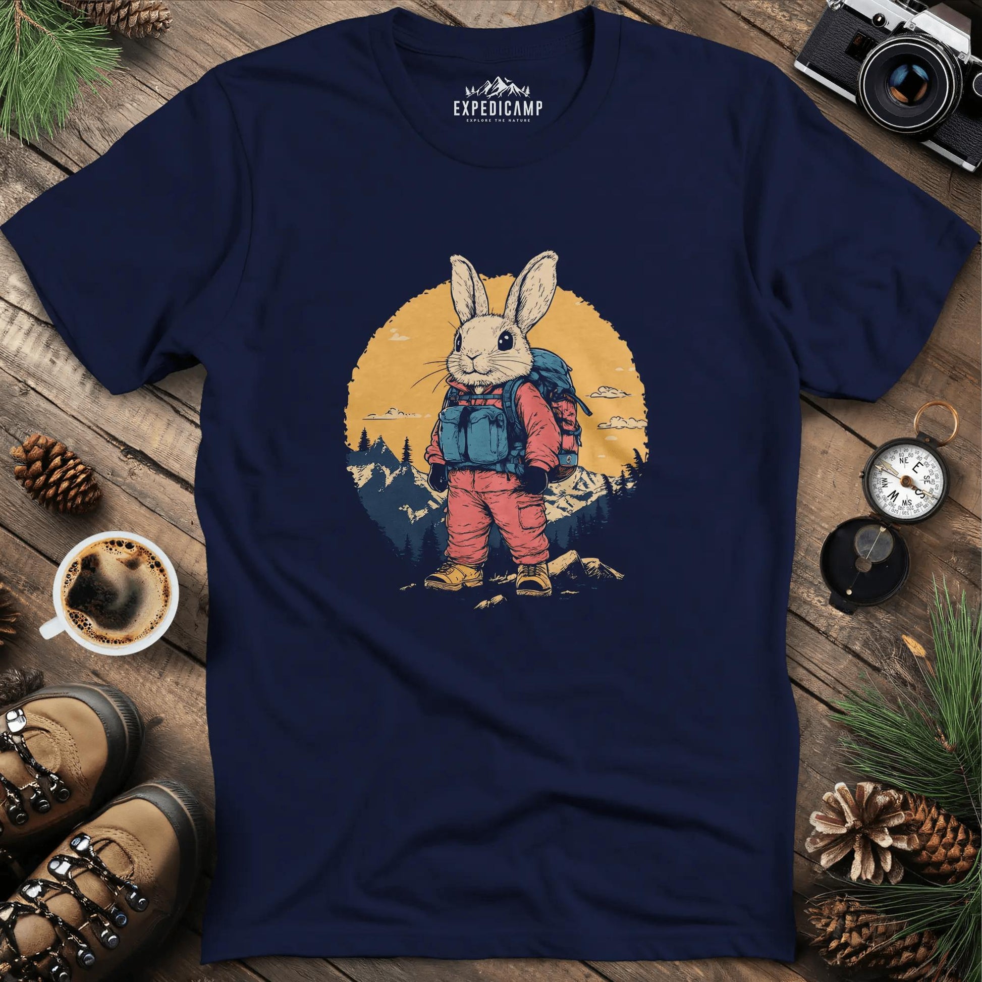 Backpacking Bunny T-Shirt – Cute Rabbit on an Outdoor Adventure – Navy – Outdoor apparel for travel, hiking, camping, and nature lovers – ExpediCamp