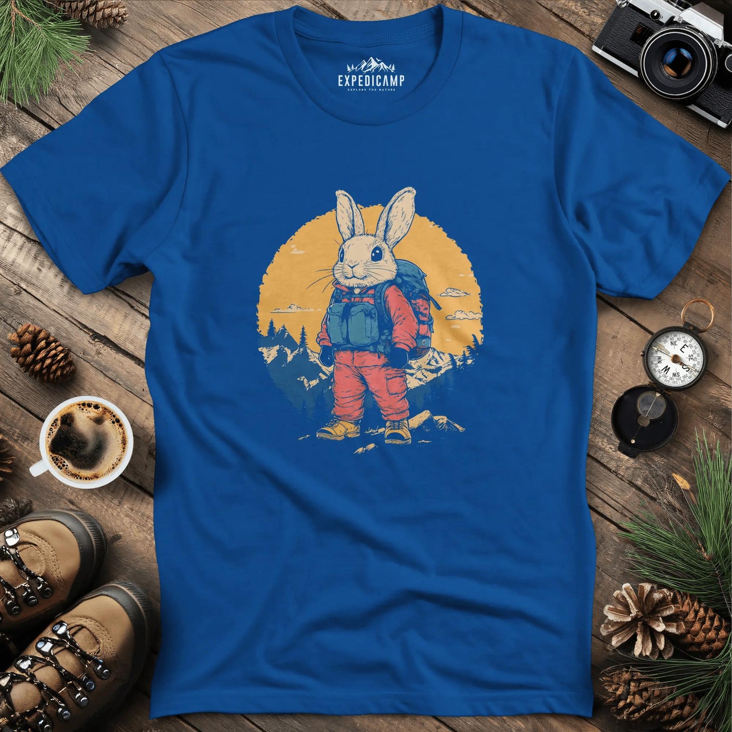 Backpacking Bunny T-Shirt – Cute Rabbit on an Outdoor Adventure – Royal – Outdoor apparel for travel, hiking, camping, and nature lovers – ExpediCamp