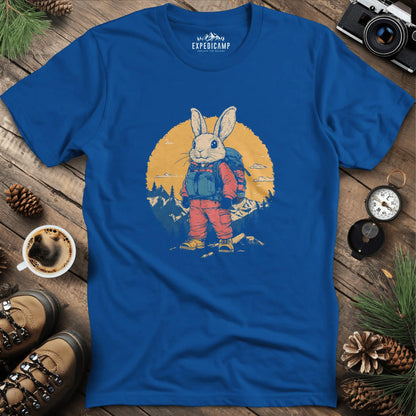 Backpacking Bunny T-Shirt – Cute Rabbit on an Outdoor Adventure – Royal – Outdoor apparel for travel, hiking, camping, and nature lovers – ExpediCamp