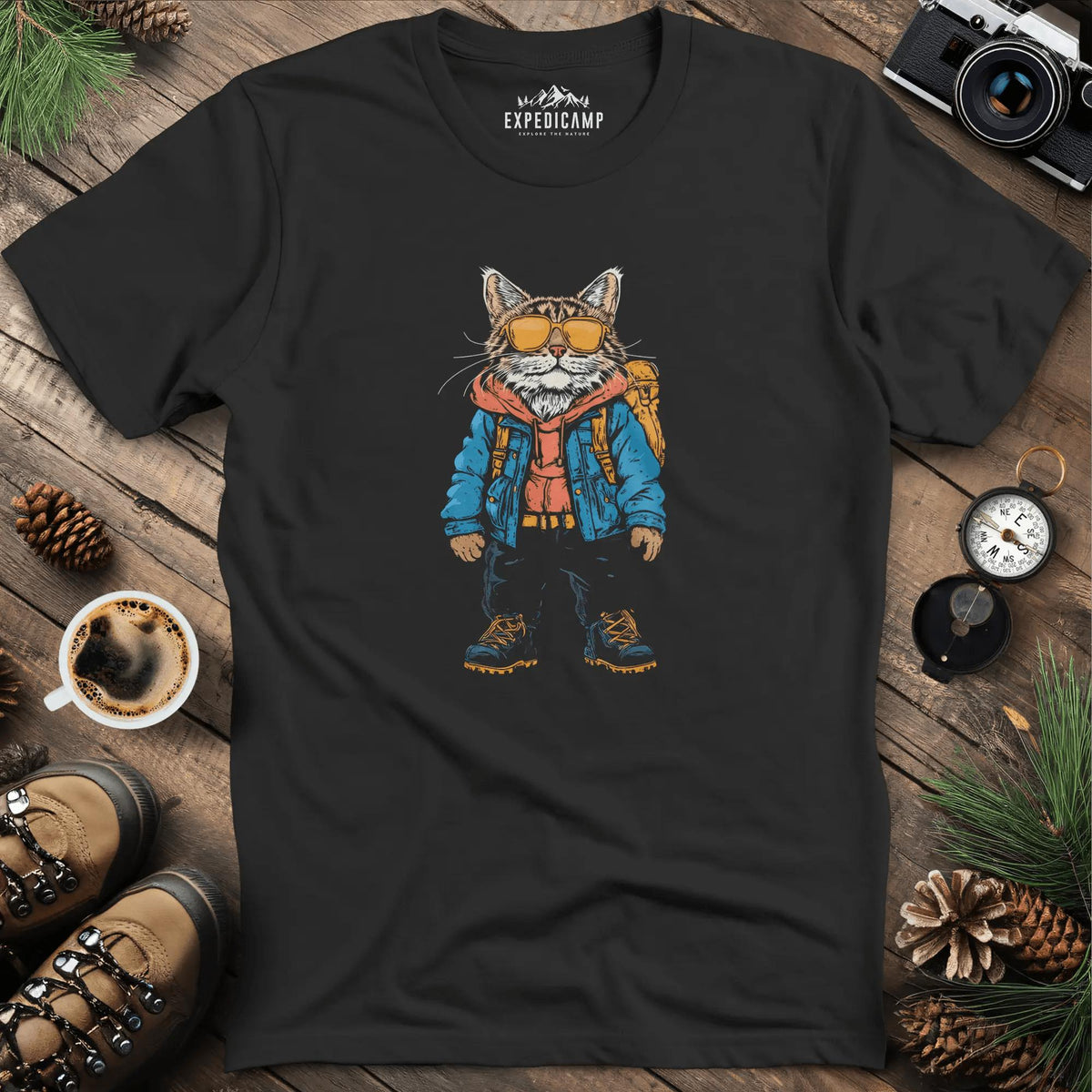 Backpacking Cat T-Shirt – Stylish Feline Adventure Design – Black – Outdoor apparel for travel, hiking, camping, and nature lovers – ExpediCamp