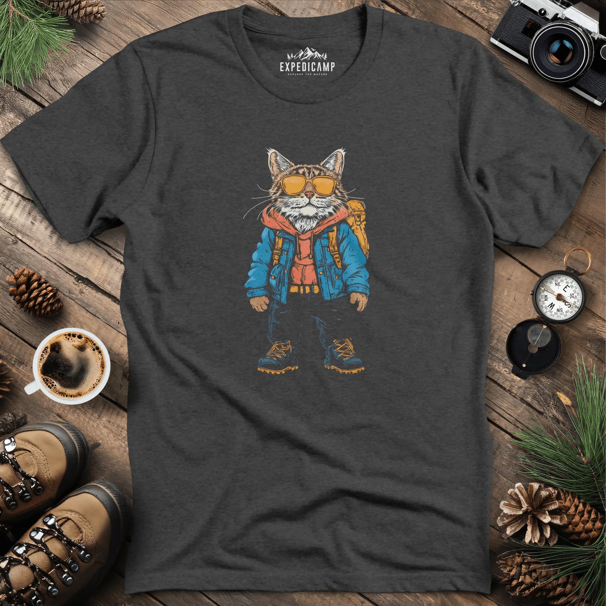 Backpacking Cat T-Shirt – Stylish Feline Adventure Design – Dark Heather – Outdoor apparel for travel, hiking, camping, and nature lovers – ExpediCamp