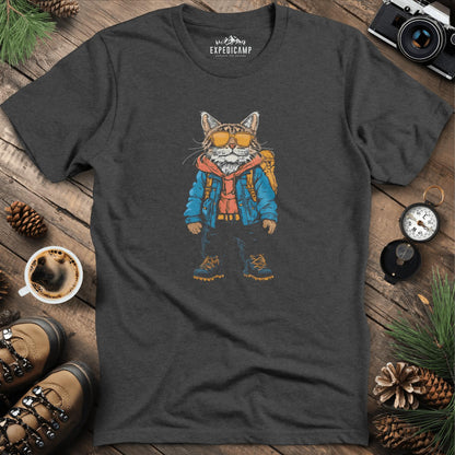 Backpacking Cat T-Shirt – Stylish Feline Adventure Design – Dark Heather – Outdoor apparel for travel, hiking, camping, and nature lovers – ExpediCamp