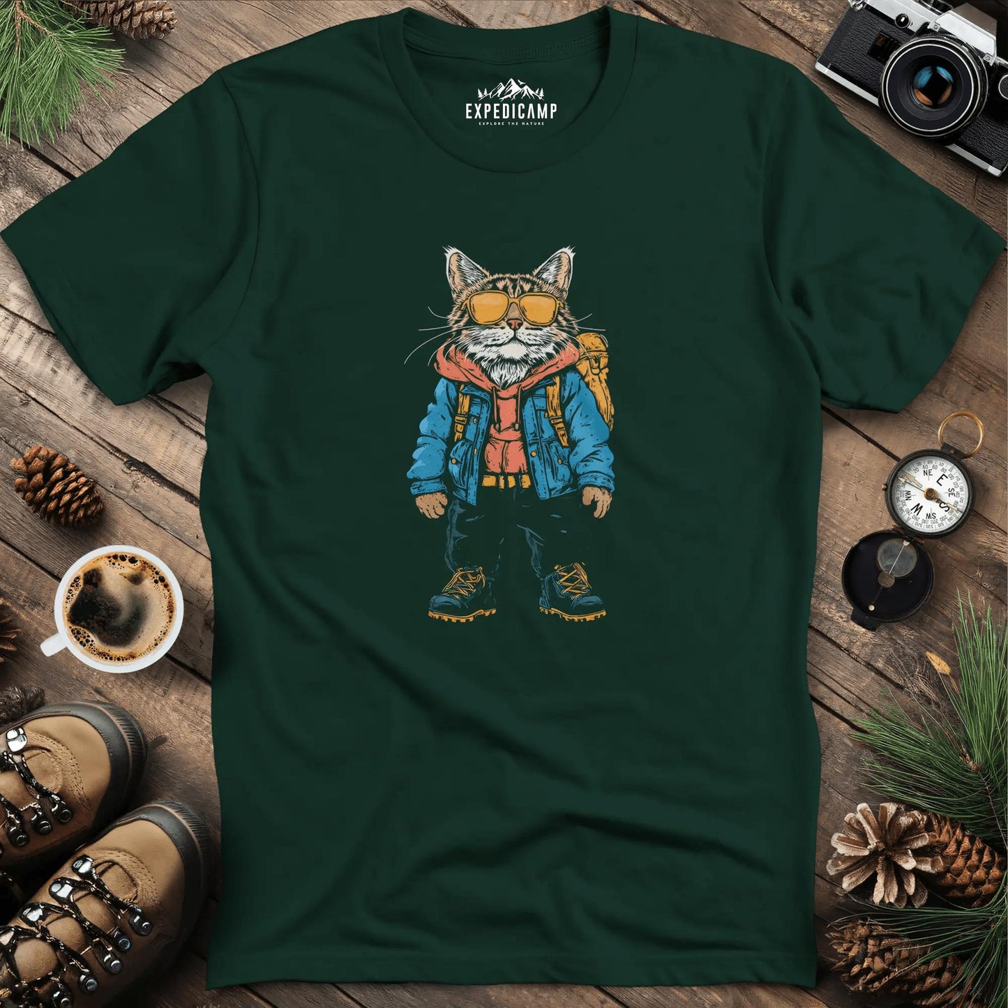 Backpacking Cat T-Shirt – Stylish Feline Adventure Design – Forest Green – Outdoor apparel for travel, hiking, camping, and nature lovers – ExpediCamp