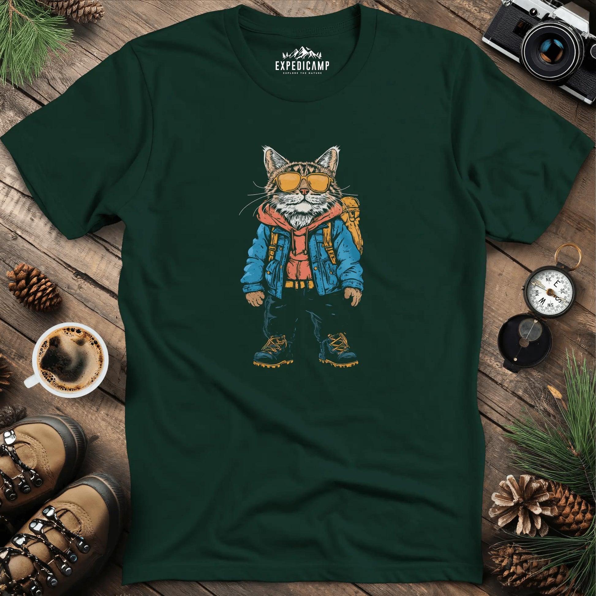Backpacking Cat T-Shirt – Stylish Feline Adventure Design – Forest Green – Outdoor apparel for travel, hiking, camping, and nature lovers – ExpediCamp