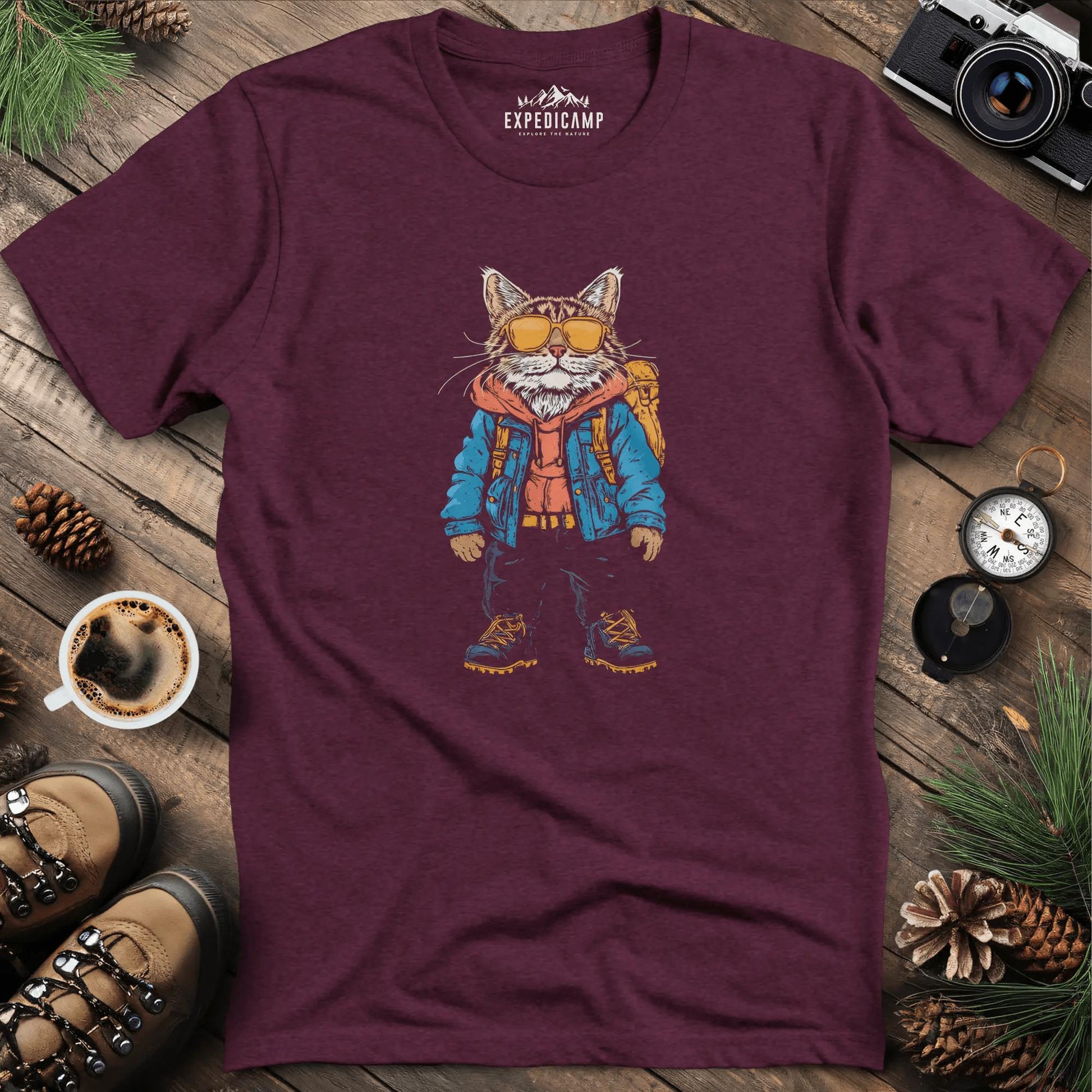 Backpacking Cat T-Shirt – Stylish Feline Adventure Design – Heather Maroon – Outdoor apparel for travel, hiking, camping, and nature lovers – ExpediCamp