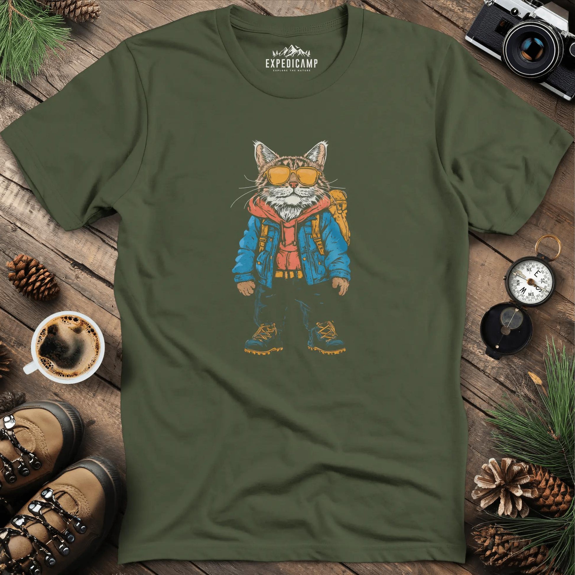 Backpacking Cat T-Shirt – Stylish Feline Adventure Design – Military Green – Outdoor apparel for travel, hiking, camping, and nature lovers – ExpediCamp
