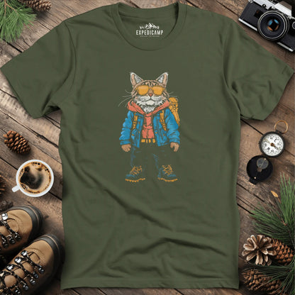 Backpacking Cat T-Shirt – Stylish Feline Adventure Design – Military Green – Outdoor apparel for travel, hiking, camping, and nature lovers – ExpediCamp