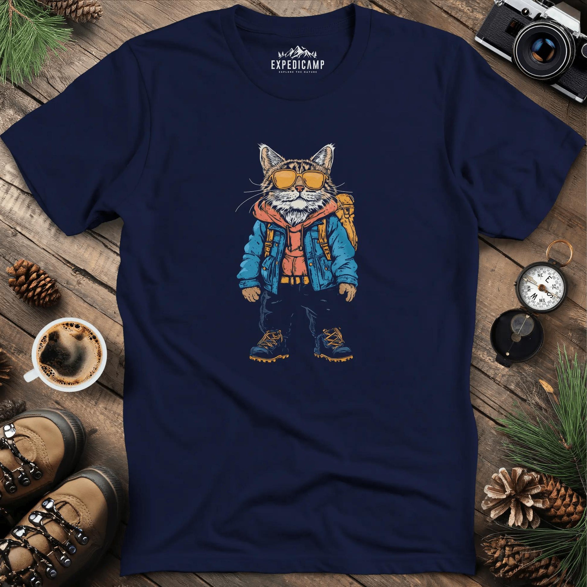 Backpacking Cat T-Shirt – Stylish Feline Adventure Design – Navy – Outdoor apparel for travel, hiking, camping, and nature lovers – ExpediCamp
