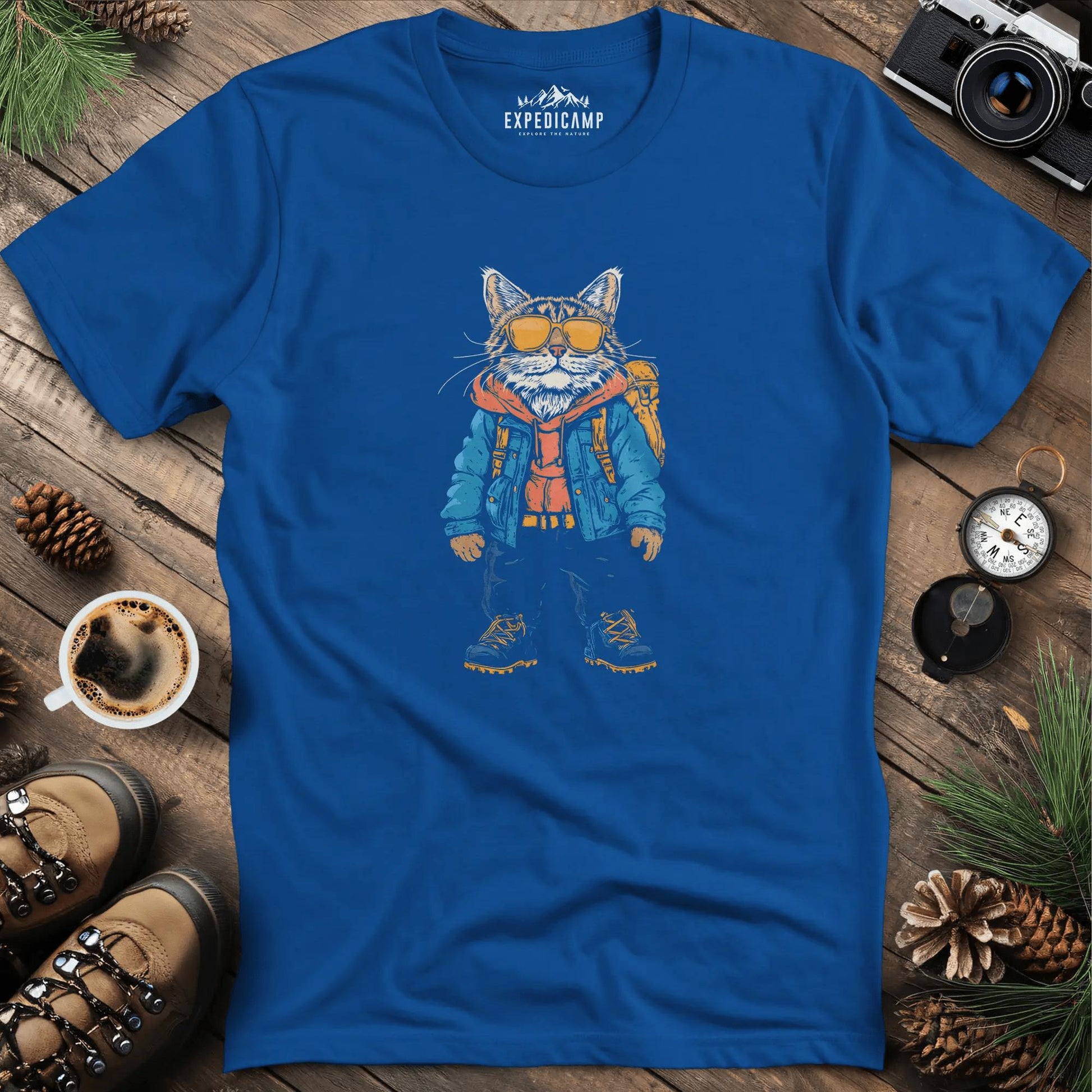Backpacking Cat T-Shirt – Stylish Feline Adventure Design – Royal – Outdoor apparel for travel, hiking, camping, and nature lovers – ExpediCamp