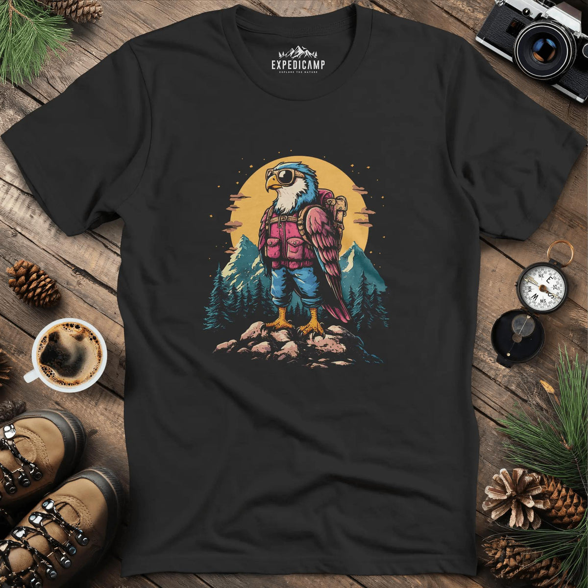 Backpacking Eagle T-Shirt – Majestic Eagle in the Wilderness Design – Black – Outdoor apparel for travel, hiking, camping, and nature lovers – ExpediCamp