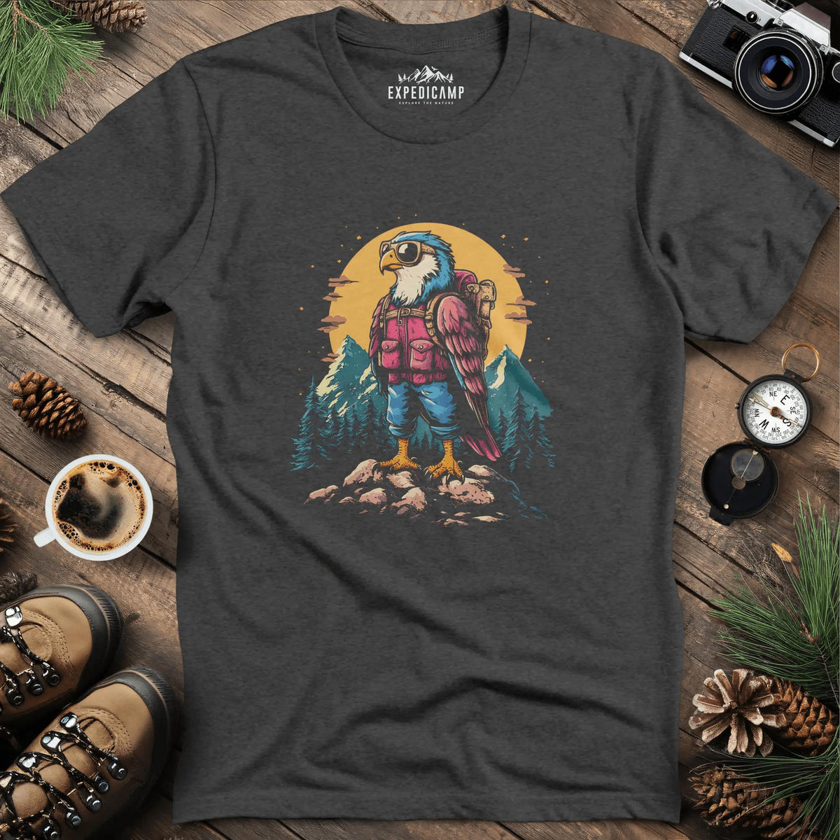 Backpacking Eagle T-Shirt – Majestic Eagle in the Wilderness Design – Dark Heather – Outdoor apparel for travel, hiking, camping, and nature lovers – ExpediCamp