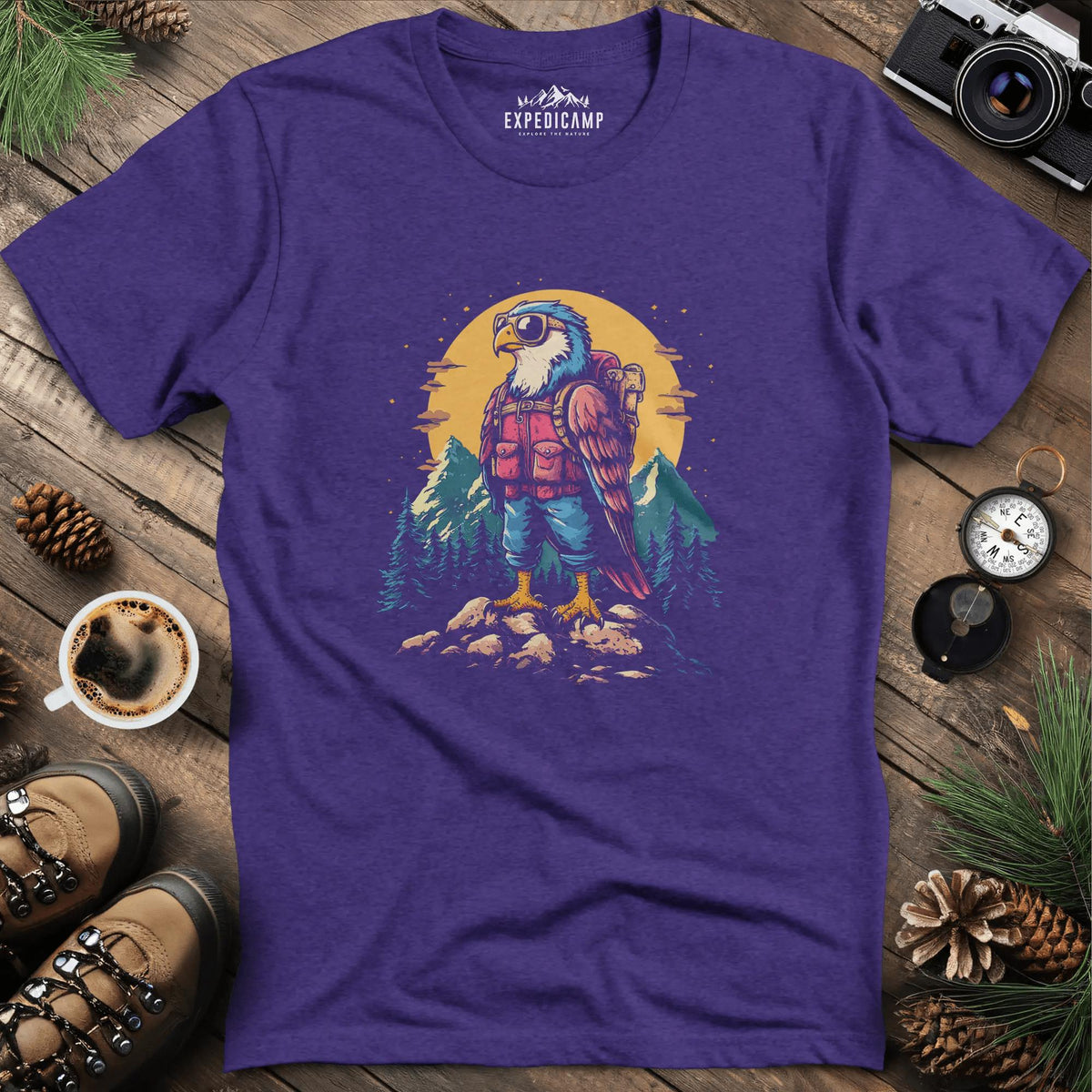 Backpacking Eagle T-Shirt – Majestic Eagle in the Wilderness Design – Heather Purple – Outdoor apparel for travel, hiking, camping, and nature lovers – ExpediCamp