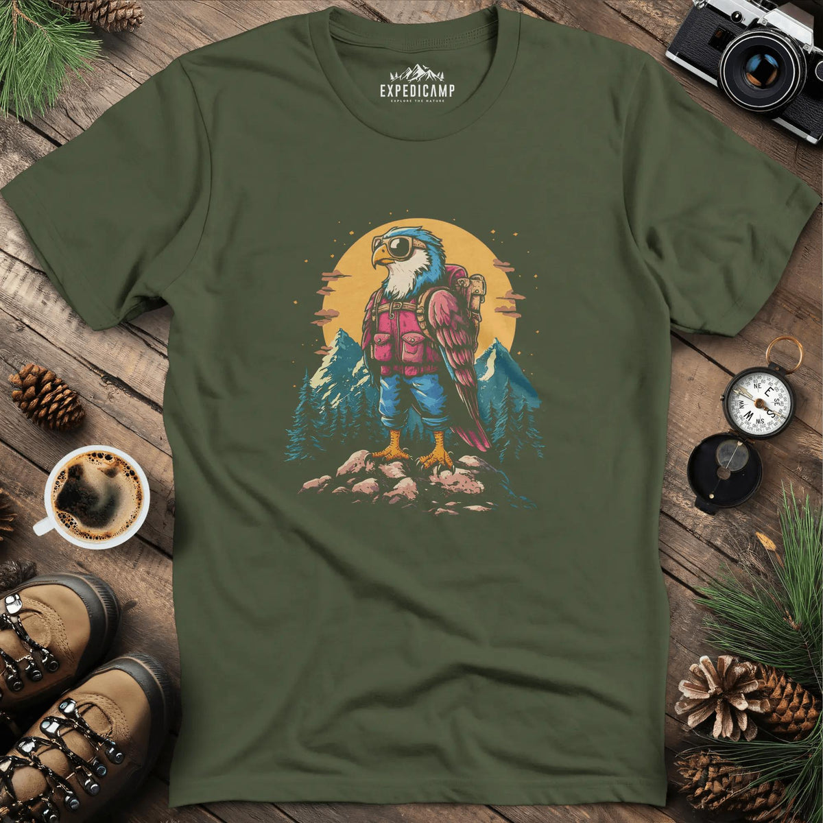 Backpacking Eagle T-Shirt – Majestic Eagle in the Wilderness Design – Military Green – Outdoor apparel for travel, hiking, camping, and nature lovers – ExpediCamp