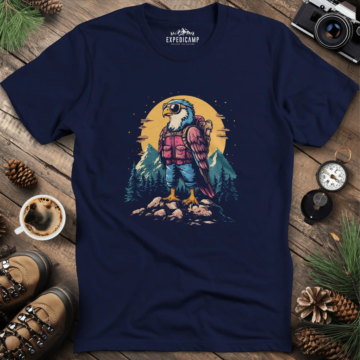 Backpacking Eagle T-Shirt – Majestic Eagle in the Wilderness Design – Navy – Outdoor apparel for travel, hiking, camping, and nature lovers – ExpediCamp