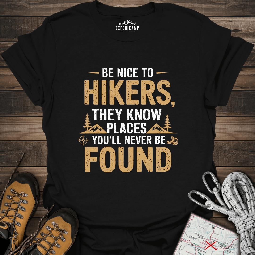 Be Nice To Hikers T-Shirt – Black – Outdoor apparel for travel, hiking, camping, and nature lovers – ExpediCamp