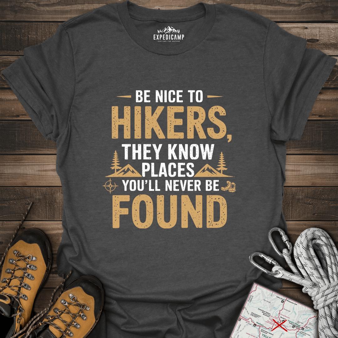 Be Nice To Hikers T-Shirt – Dark Heather – Outdoor apparel for travel, hiking, camping, and nature lovers – ExpediCamp