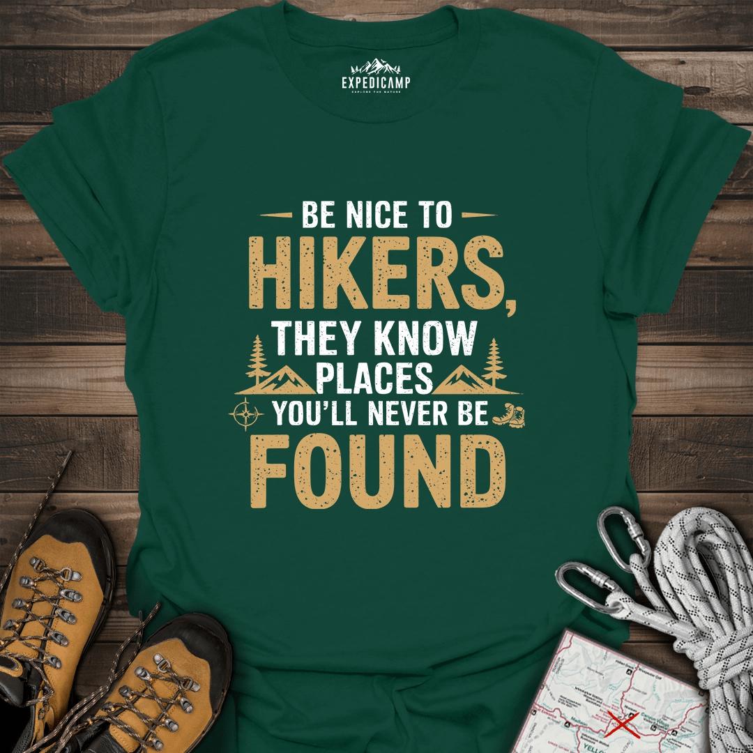 Be Nice To Hikers T-Shirt – Forest Green – Outdoor apparel for travel, hiking, camping, and nature lovers – ExpediCamp