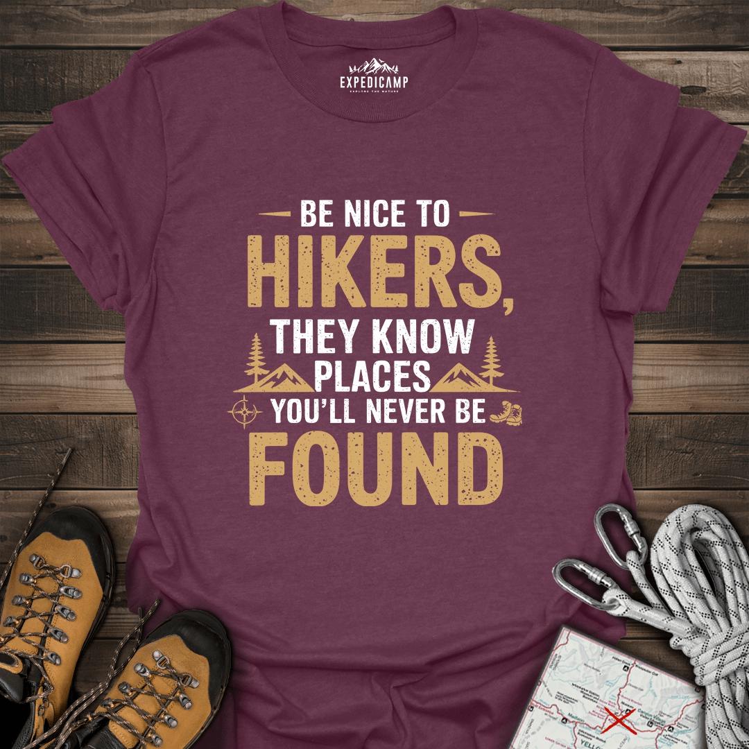 Be Nice To Hikers T-Shirt – Heather Maroon – Outdoor apparel for travel, hiking, camping, and nature lovers – ExpediCamp