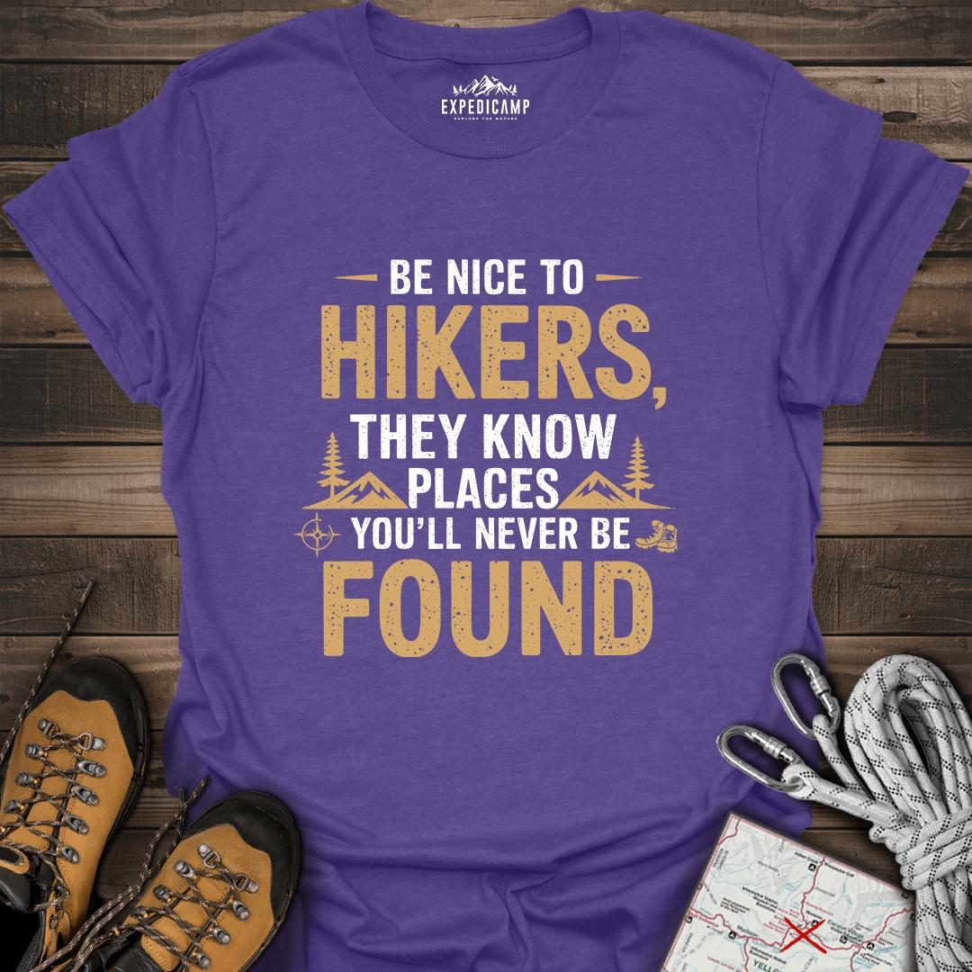 Be Nice To Hikers T-Shirt – Heather Purple – Outdoor apparel for travel, hiking, camping, and nature lovers – ExpediCamp