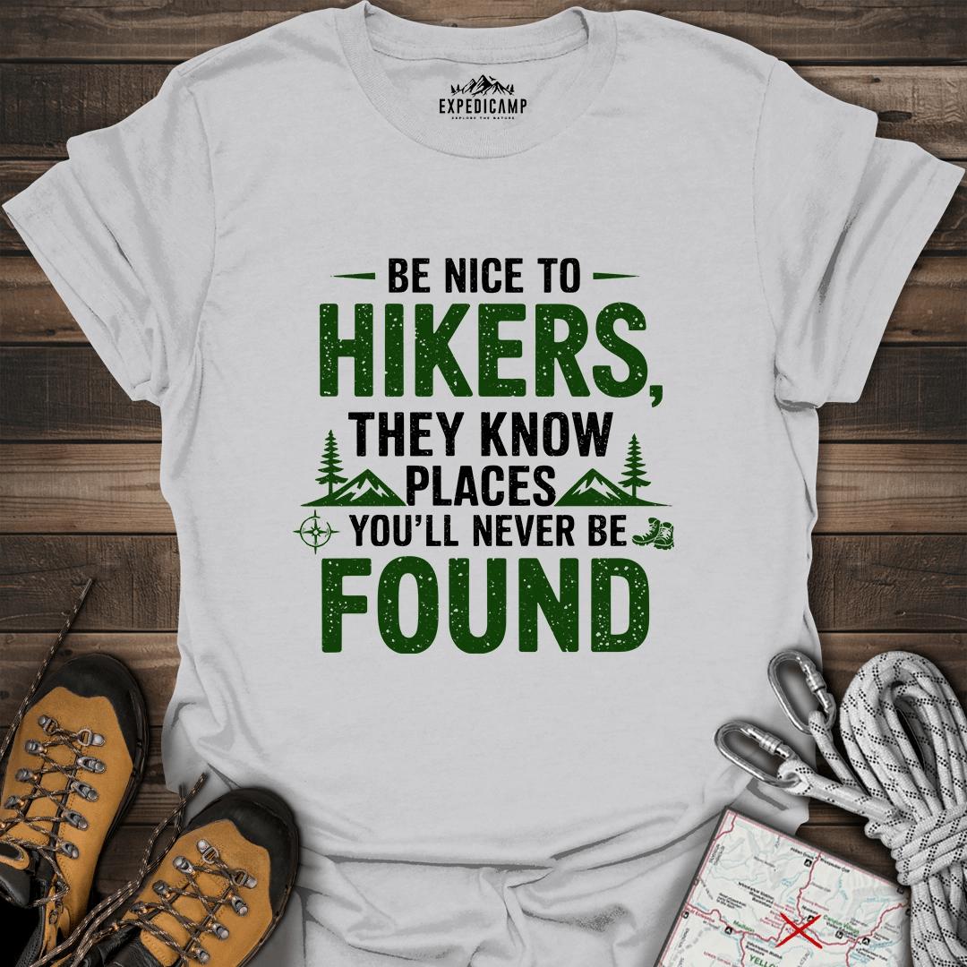 Be Nice To Hikers T-Shirt – Ice Grey – Outdoor apparel for travel, hiking, camping, and nature lovers – ExpediCamp