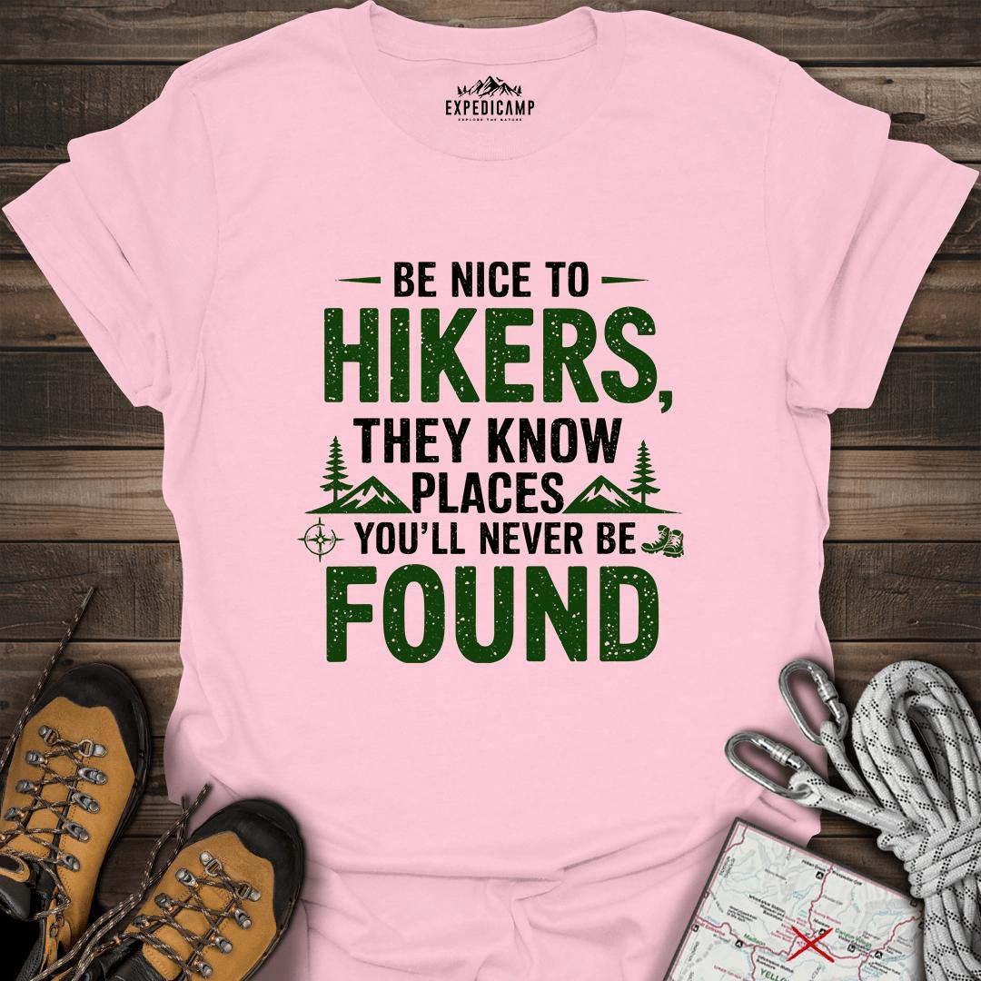 Be Nice To Hikers T-Shirt – Light Pink – Outdoor apparel for travel, hiking, camping, and nature lovers – ExpediCamp