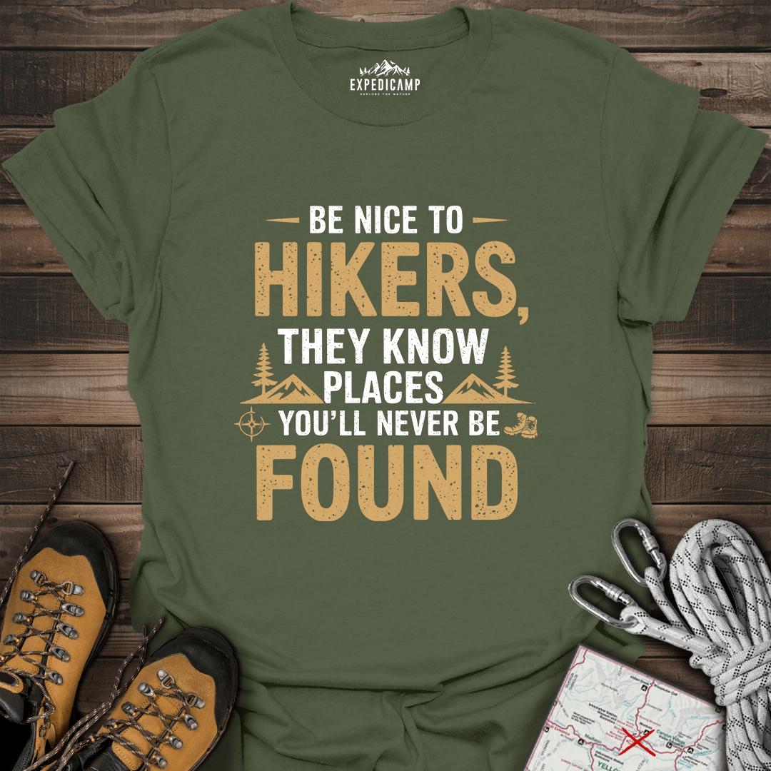 Be Nice To Hikers T-Shirt – Military Green – Outdoor apparel for travel, hiking, camping, and nature lovers – ExpediCamp