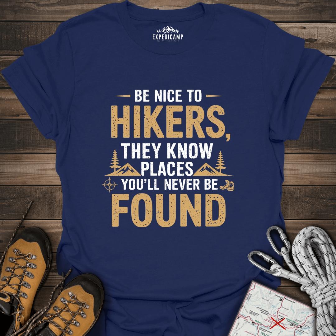 Be Nice To Hikers T-Shirt – Navy – Outdoor apparel for travel, hiking, camping, and nature lovers – ExpediCamp