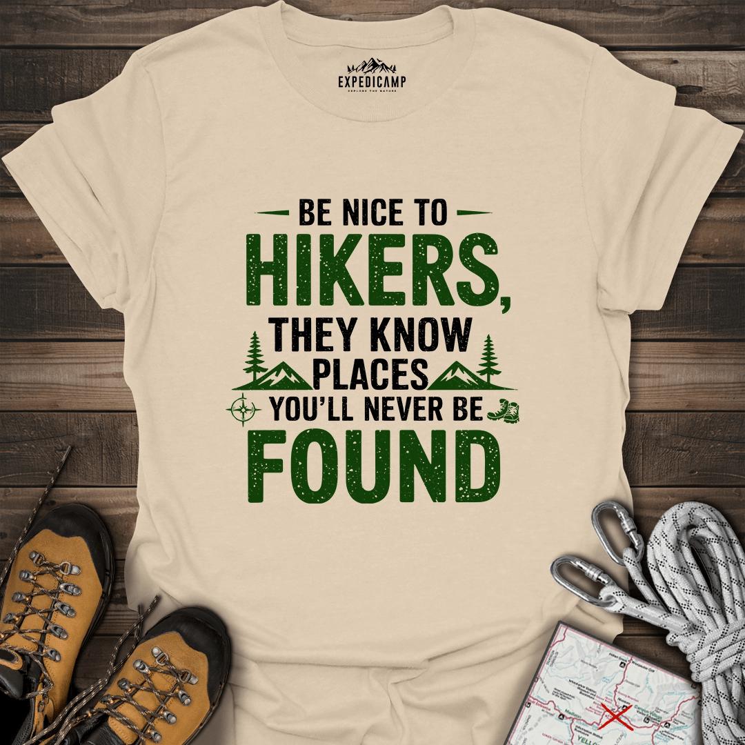 Be Nice To Hikers T-Shirt – Sand – Outdoor apparel for travel, hiking, camping, and nature lovers – ExpediCamp