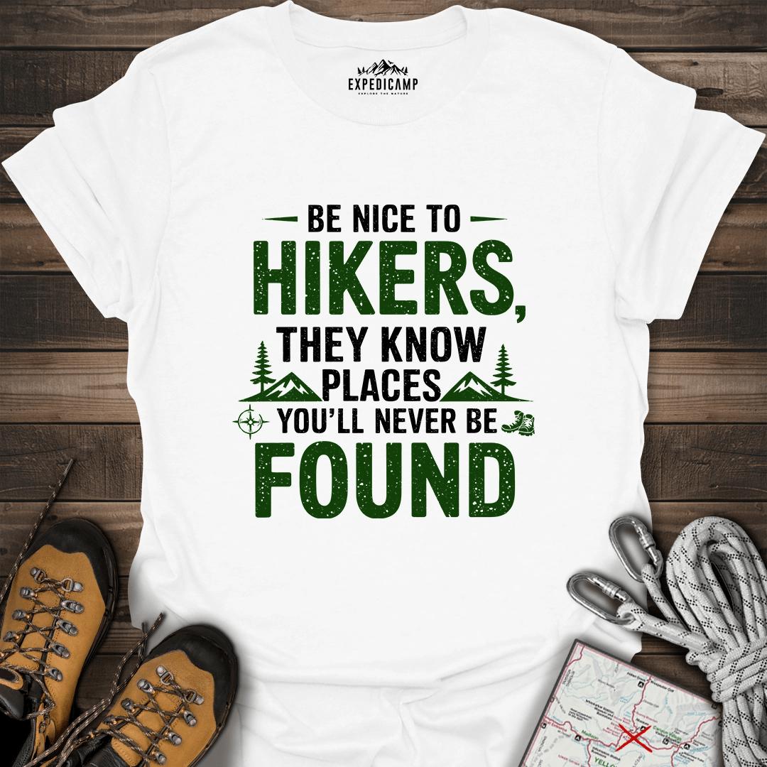 Be Nice To Hikers T-Shirt – White – Outdoor apparel for travel, hiking, camping, and nature lovers – ExpediCamp