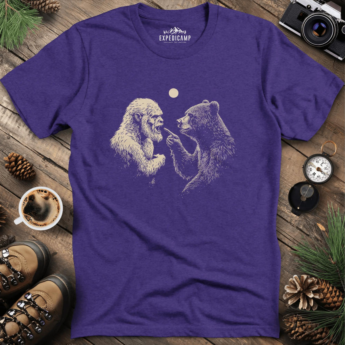 Bear and Bigfoot Argument T-Shirt – Wilderness Debate – Heather Purple – Outdoor apparel for travel, hiking, camping, and nature lovers – ExpediCamp