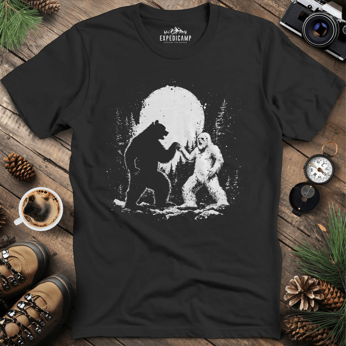 Bear and Bigfoot Dancing T-Shirt – Dancing Under the Moonlight Design – Black – Outdoor apparel for travel, hiking, camping, and nature lovers – ExpediCamp