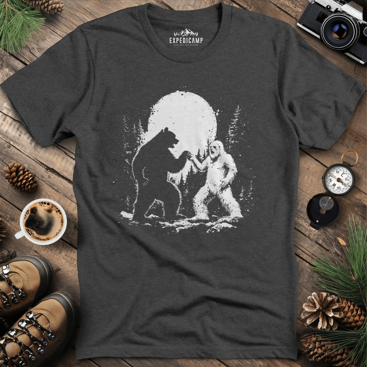 Bear and Bigfoot Dancing T-Shirt – Dancing Under the Moonlight Design – Dark Heather – Outdoor apparel for travel, hiking, camping, and nature lovers – ExpediCamp