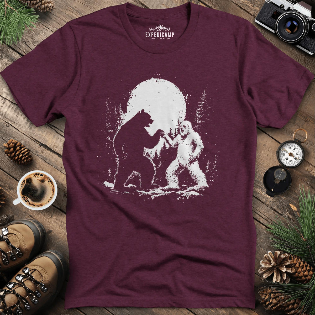 Bear and Bigfoot Dancing T-Shirt – Dancing Under the Moonlight Design – Heather Maroon – Outdoor apparel for travel, hiking, camping, and nature lovers – ExpediCamp