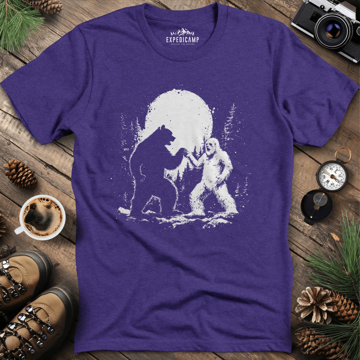 Bear and Bigfoot Dancing T-Shirt – Dancing Under the Moonlight Design – Heather Purple – Outdoor apparel for travel, hiking, camping, and nature lovers – ExpediCamp