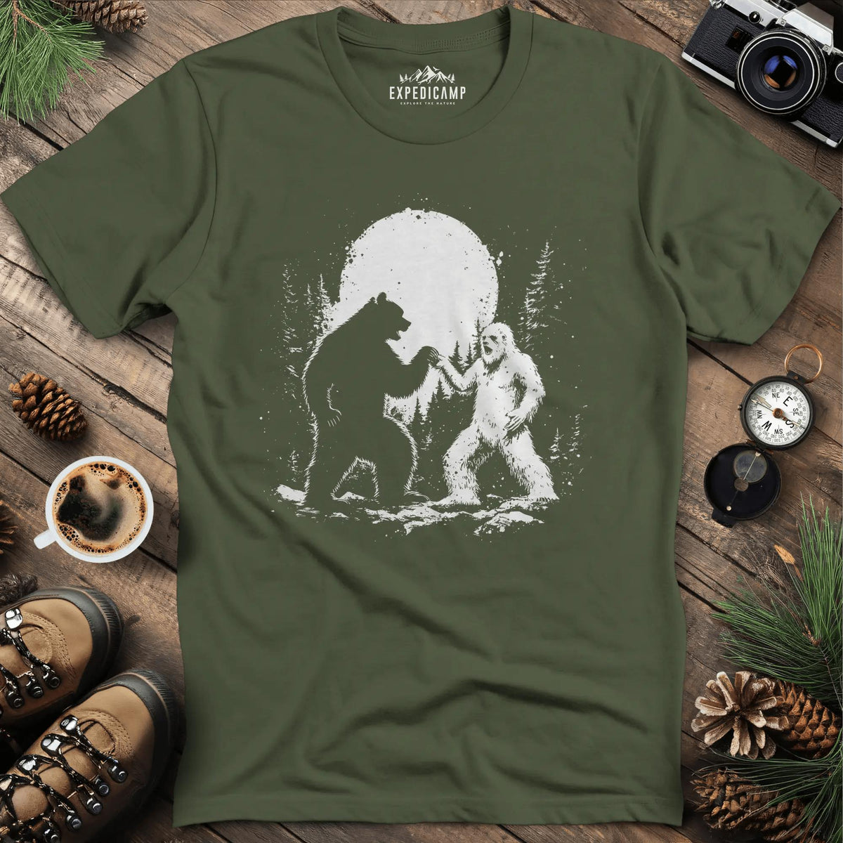 Bear and Bigfoot Dancing T-Shirt – Dancing Under the Moonlight Design – Military Green – Outdoor apparel for travel, hiking, camping, and nature lovers – ExpediCamp