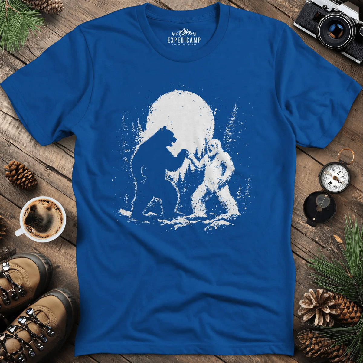 Bear and Bigfoot Dancing T-Shirt – Dancing Under the Moonlight Design – Royal – Outdoor apparel for travel, hiking, camping, and nature lovers – ExpediCamp