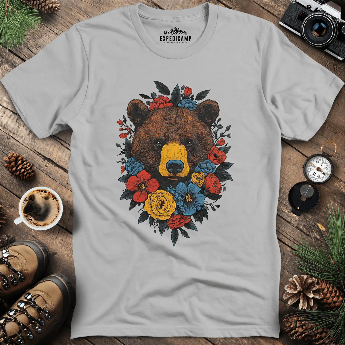 Bear and Colorful Blossoms T-Shirt – Ice Grey – Outdoor apparel for travel, hiking, camping, and nature lovers – ExpediCamp