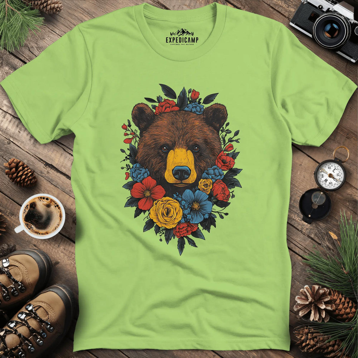 Bear and Colorful Blossoms T-Shirt – Kiwi – Outdoor apparel for travel, hiking, camping, and nature lovers – ExpediCamp