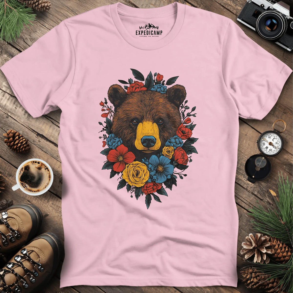 Bear and Colorful Blossoms T-Shirt – Light Pink – Outdoor apparel for travel, hiking, camping, and nature lovers – ExpediCamp