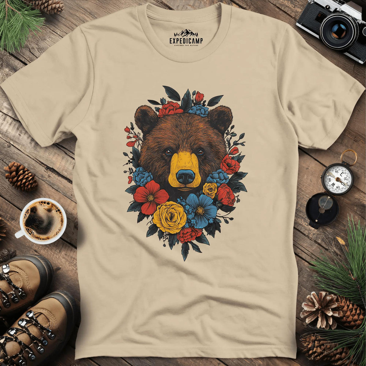 Bear and Colorful Blossoms T-Shirt – Sand – Outdoor apparel for travel, hiking, camping, and nature lovers – ExpediCamp